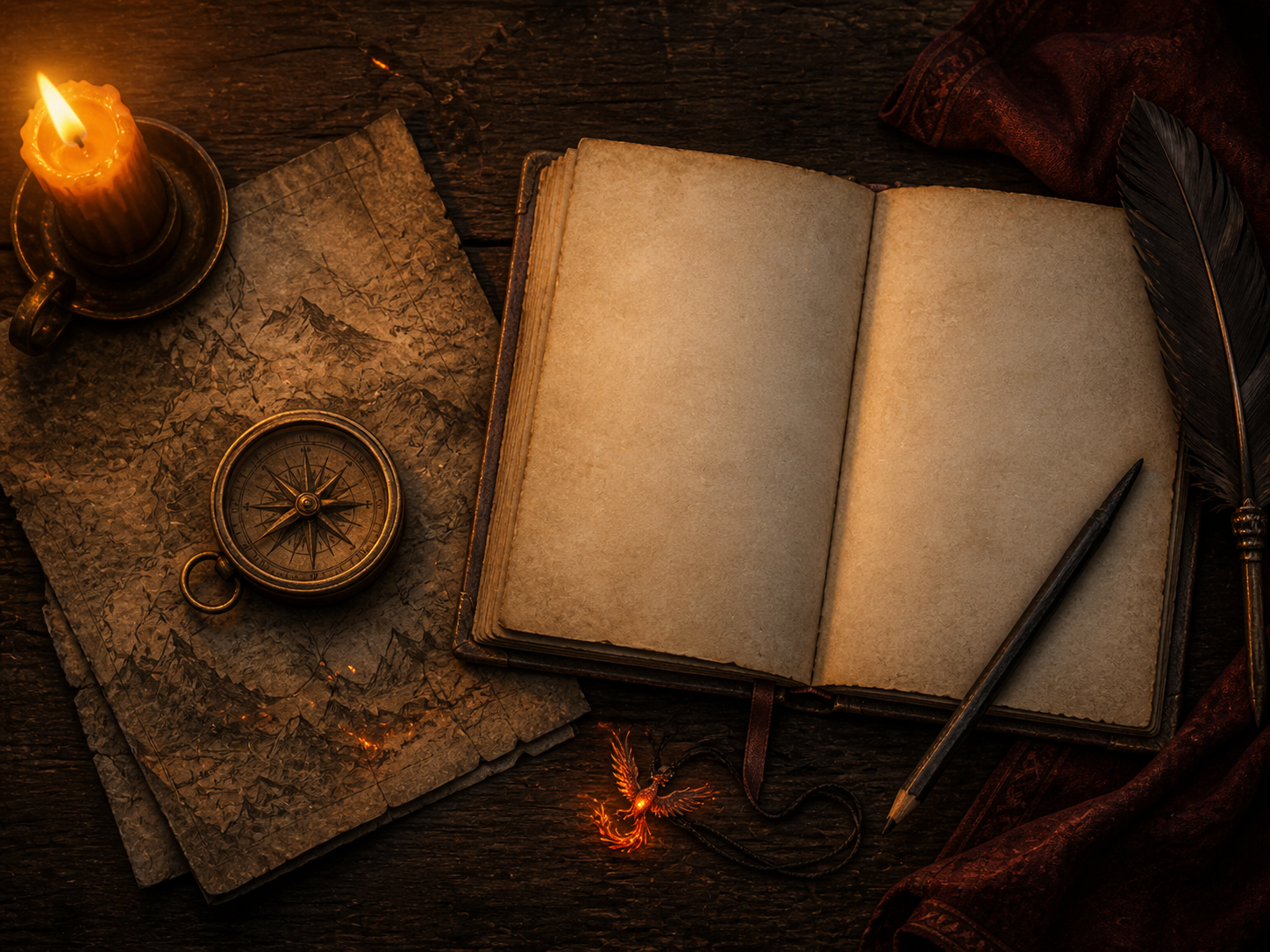 Fantasy field journal, compass, map and ember charm