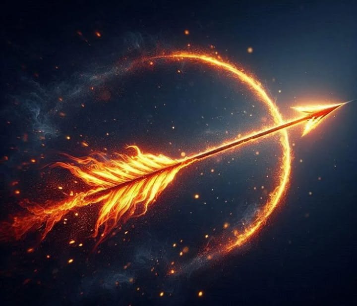 A burning arrow cutting through a ring of fire against a dark sky.