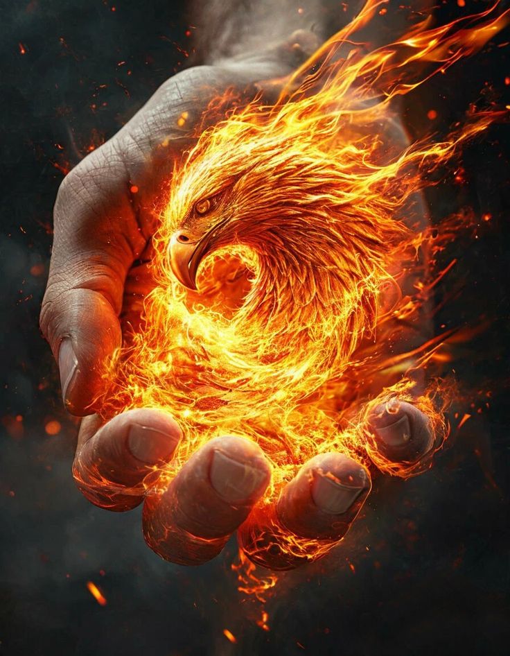 An open human hand cradling a bird of fire taking shape in the palm.