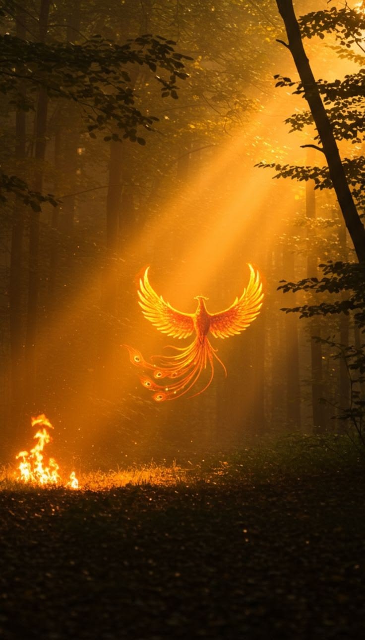 A glowing firebird hovering in a dark forest lit by shafts of gold light.